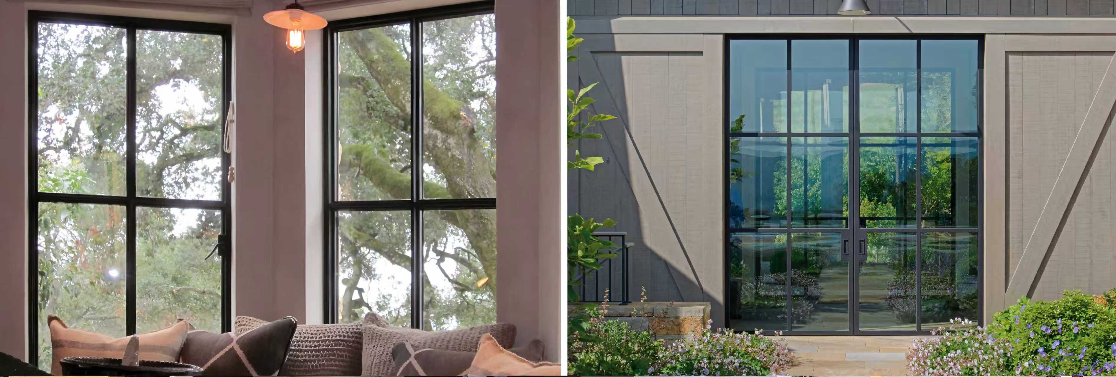 Steel-framed windows in an interior alongside a large glazed entrance