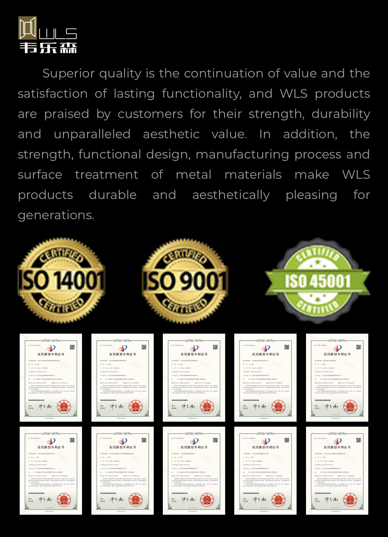 WLS source sheet showing ISO 9001, ISO 14001 and ISO 45001 certification badges and ten Chinese utility model patent certificates